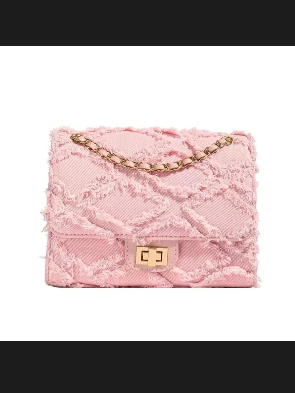 Pink Frayed-Textured Chain Shoulder Bag